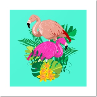 Two Flamingos in the middle of a bouquet Posters and Art